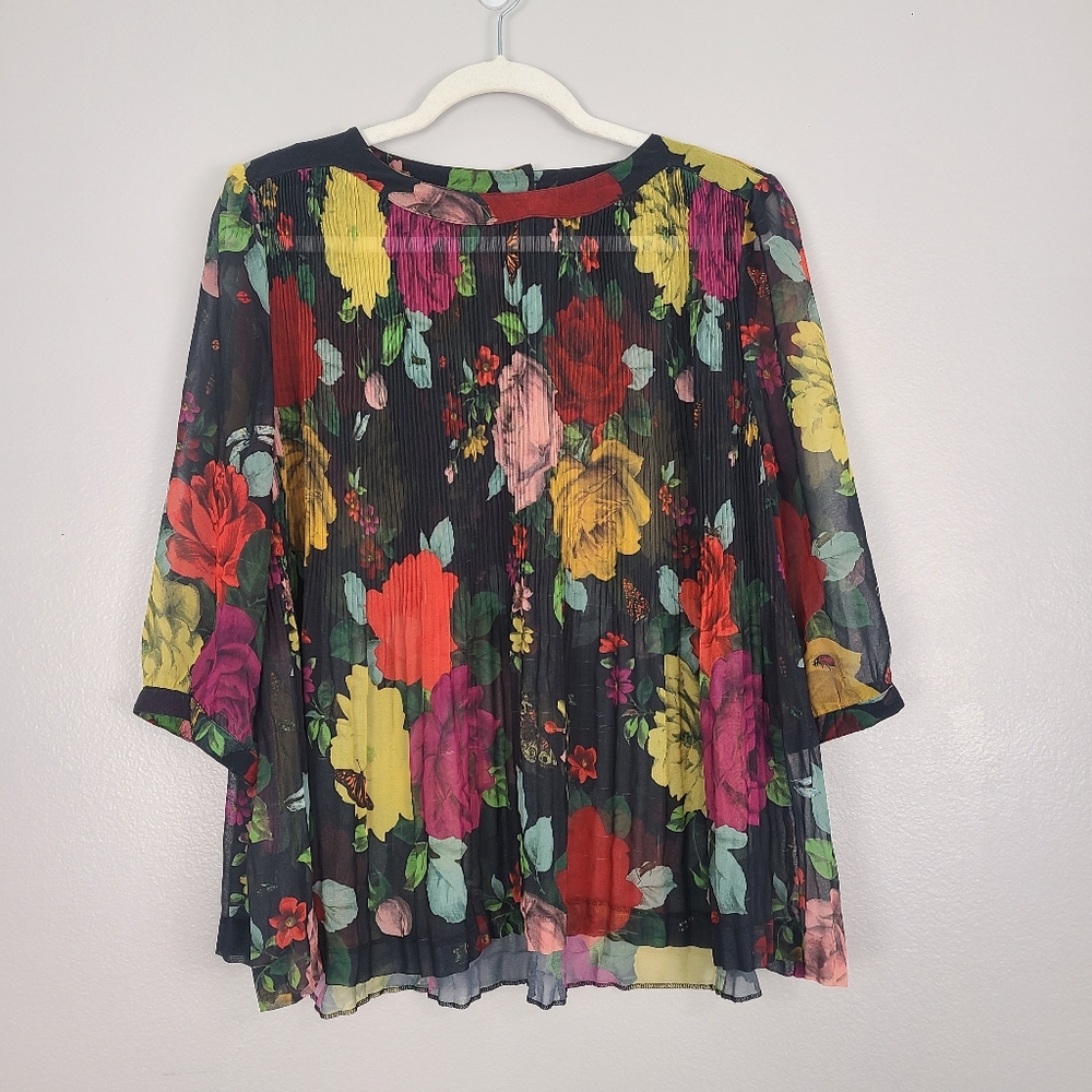 Ted Baker Colorful Rose Butterfly Floral Print Pleated Billowy Sheer Black Top
